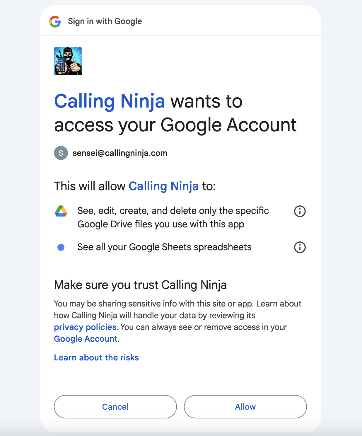 Calling Ninja needs these accesses to be able to work on your behalf