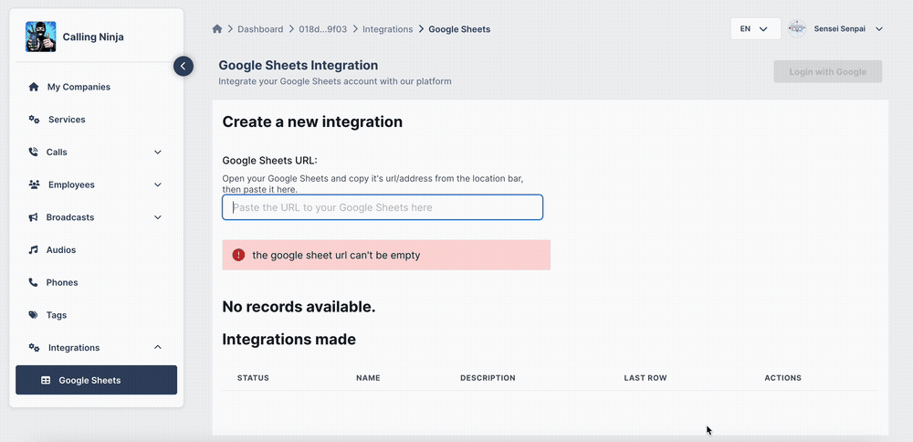 Quick walkthrough to create a integration between Calling Ninja and Google Sheets