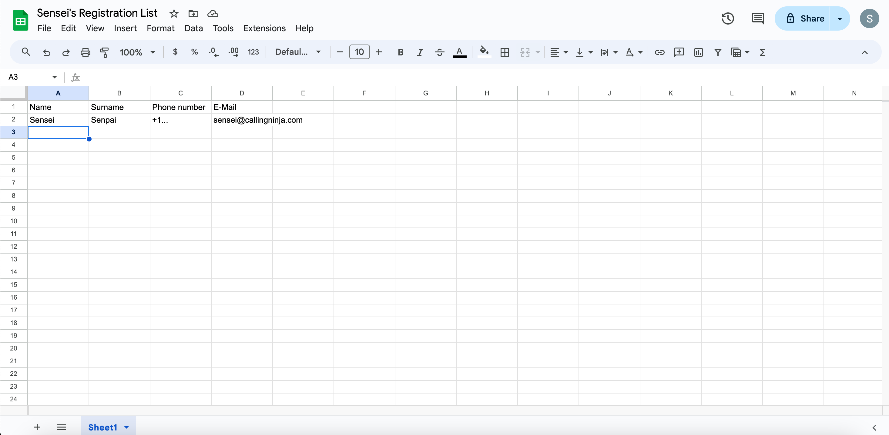 Example image for a newly created spreadsheet at Google Sheets with example data