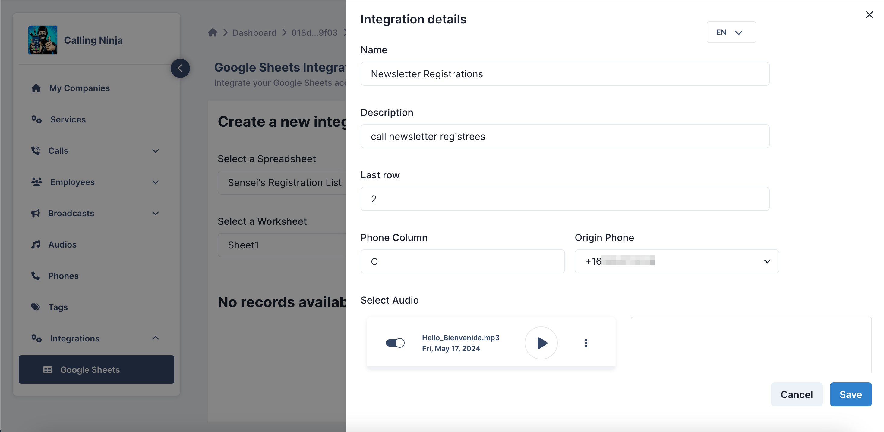 How to fill out the form for integration creation