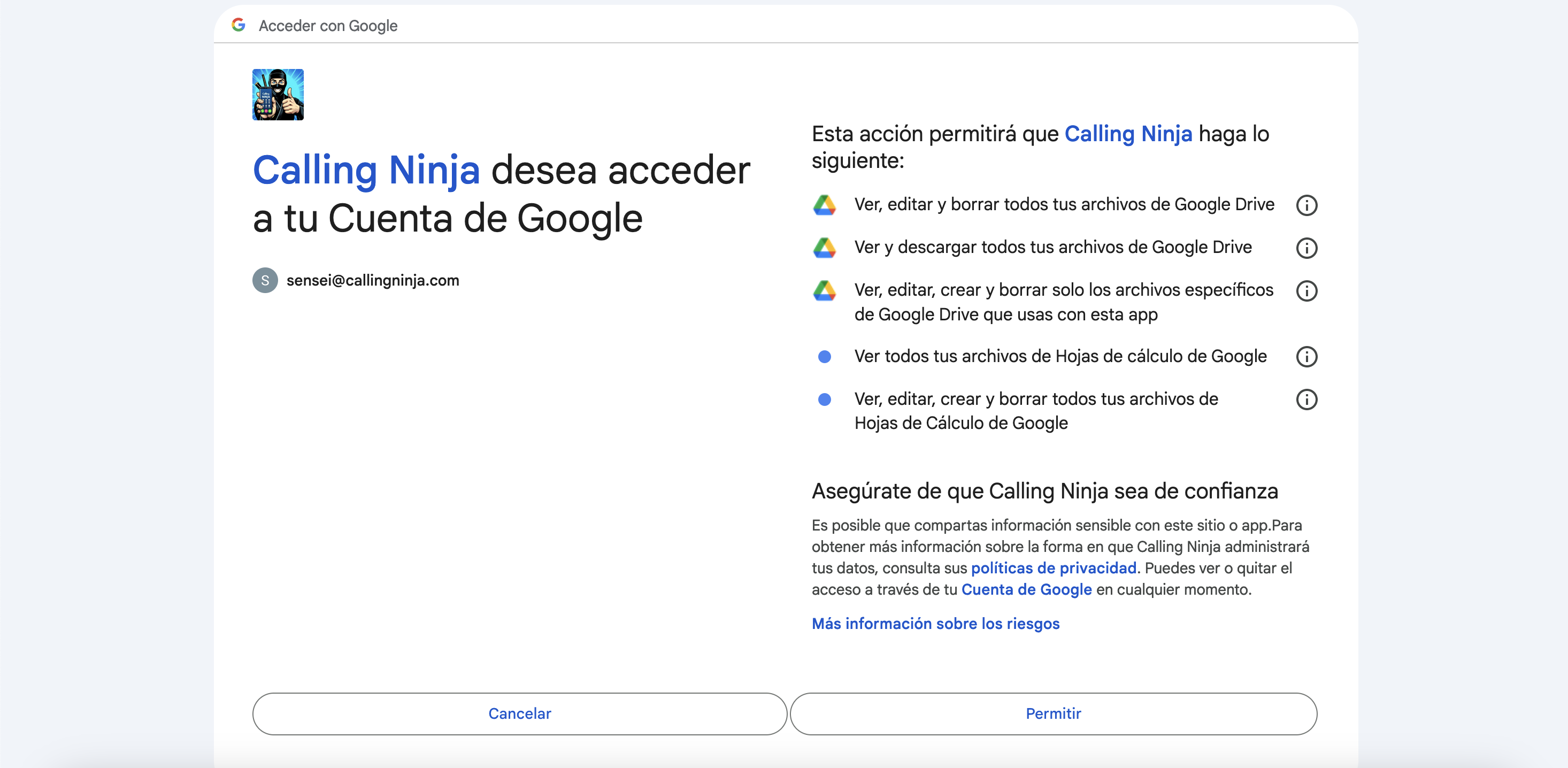 Calling Ninja necesita estos accesos para poder trabajar en tu nombre
