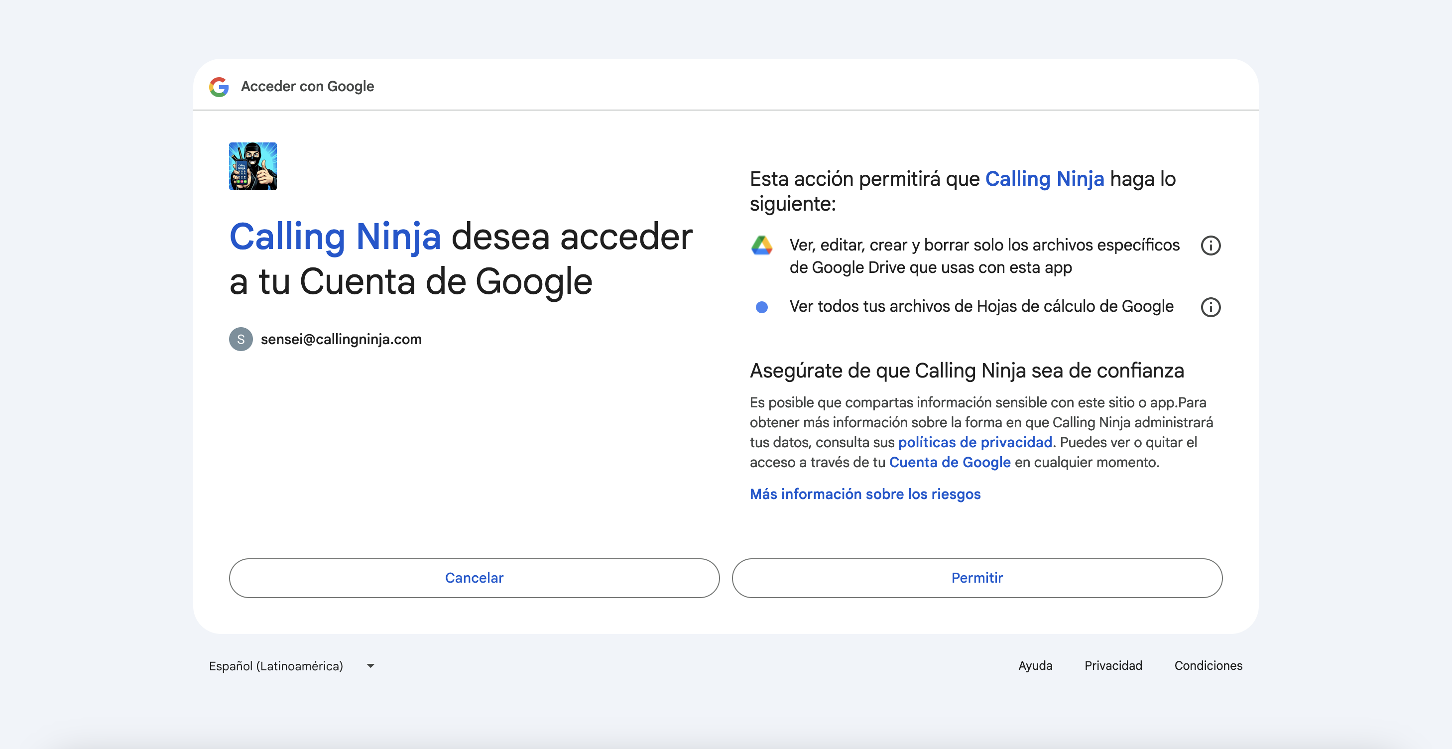 Calling Ninja necesita estos accesos para poder trabajar en tu nombre